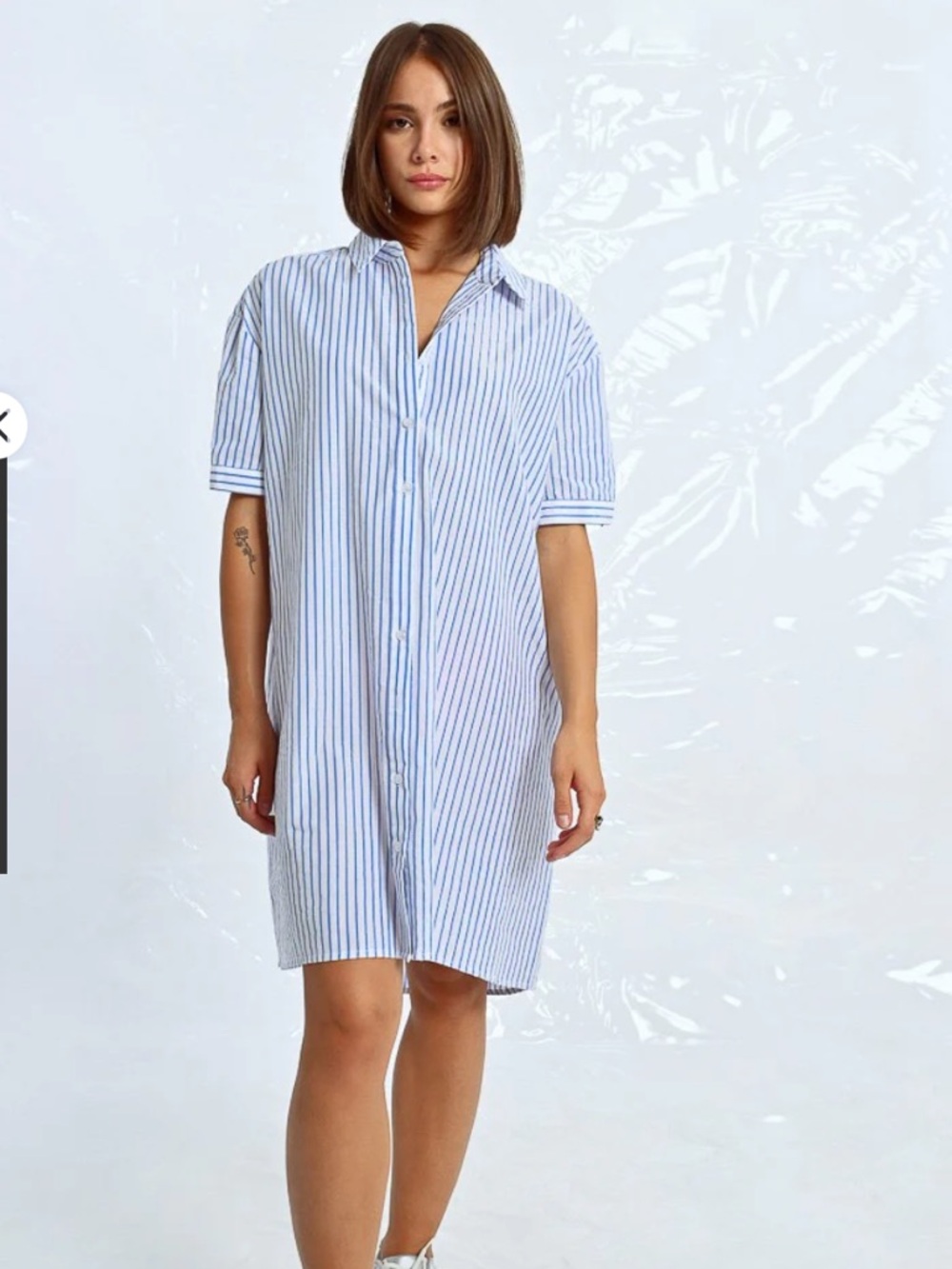 NWT Lili Sidonio Iridescent Silver Blue White Striped Shirt Dress Tab Roll Sz L